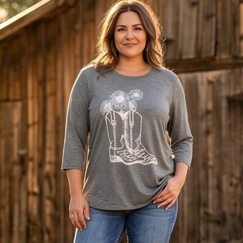 Joei & I Women's 3X Taupe Graphic T‎ Shirt 3/4 Sleeve Boots  Country Western NWT
